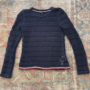 Tommy Hilfiger Navy 100% Cotton Crochet Sweater with Red and White Trim